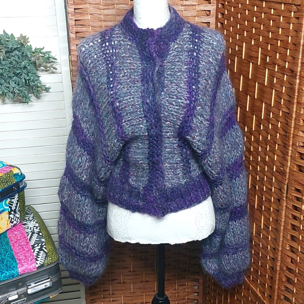 Vintage 1980s mohair striped cardigan with batwing sleeves Purple Knit